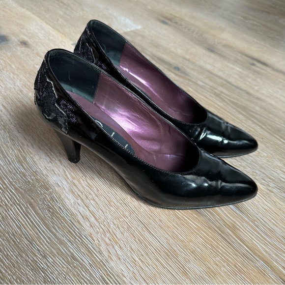 Vintage Faire Lady Black Patent Leather Pumps Aztec Cross Stitch Shoes Size 37 - Picture 15 of 16